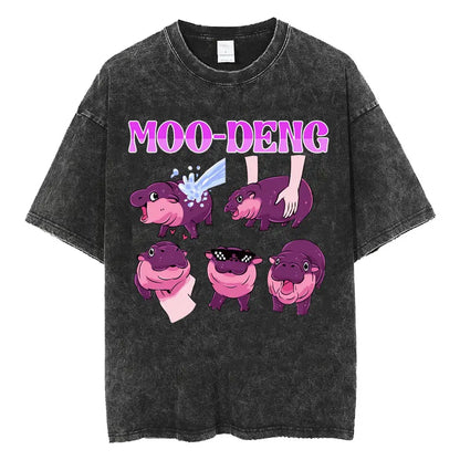 Cute Hippo Moo Deng Rap Vintage Oversized Cotton T-Shirt