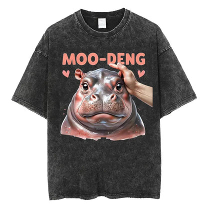 Cute Hippo Moo Deng Rap Vintage Oversized Cotton T-Shirt