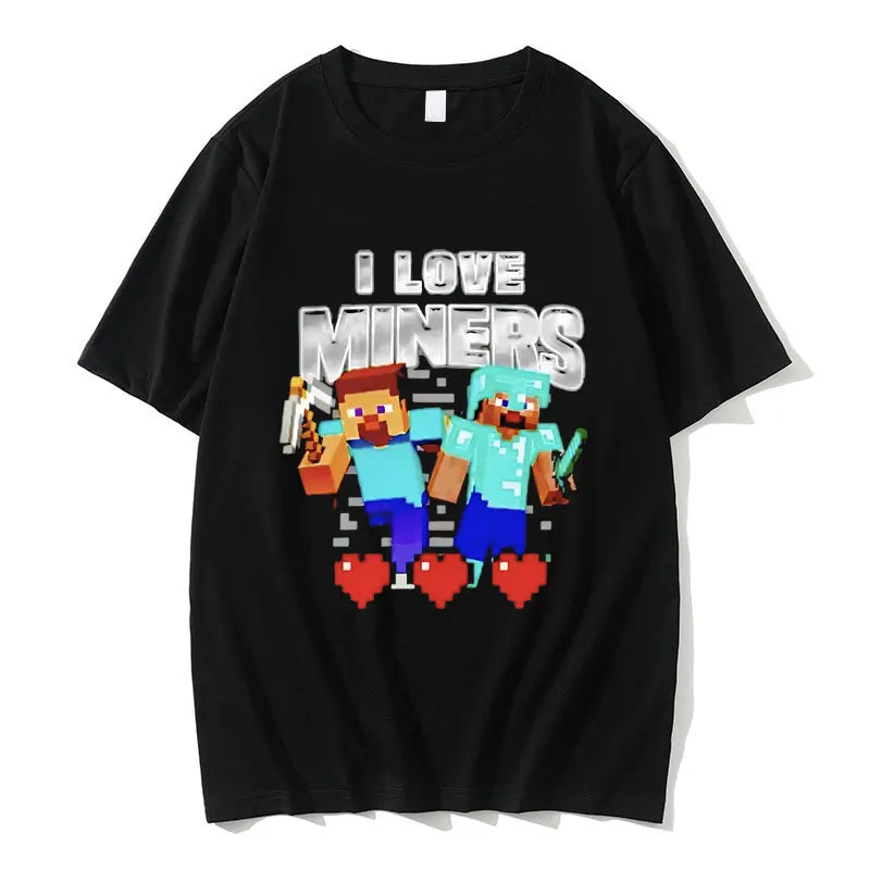 I Love Miners Print T-Shirt - Funny Otaku Game Meme Crewneck Oversized Cotton Tee for Men