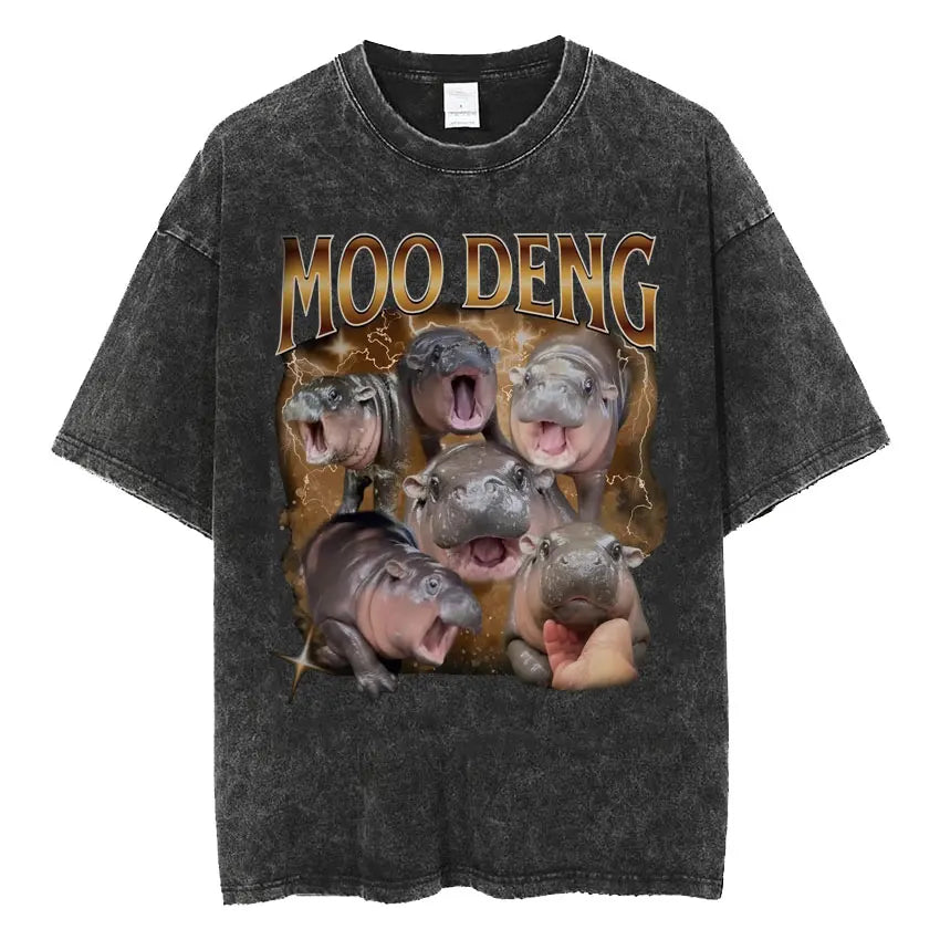 Cute Hippo Moo Deng Rap Vintage Oversized Cotton T-Shirt