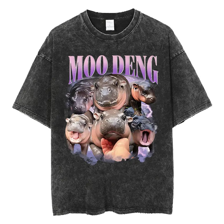 Cute Hippo Moo Deng Rap Vintage Oversized Cotton T-Shirt