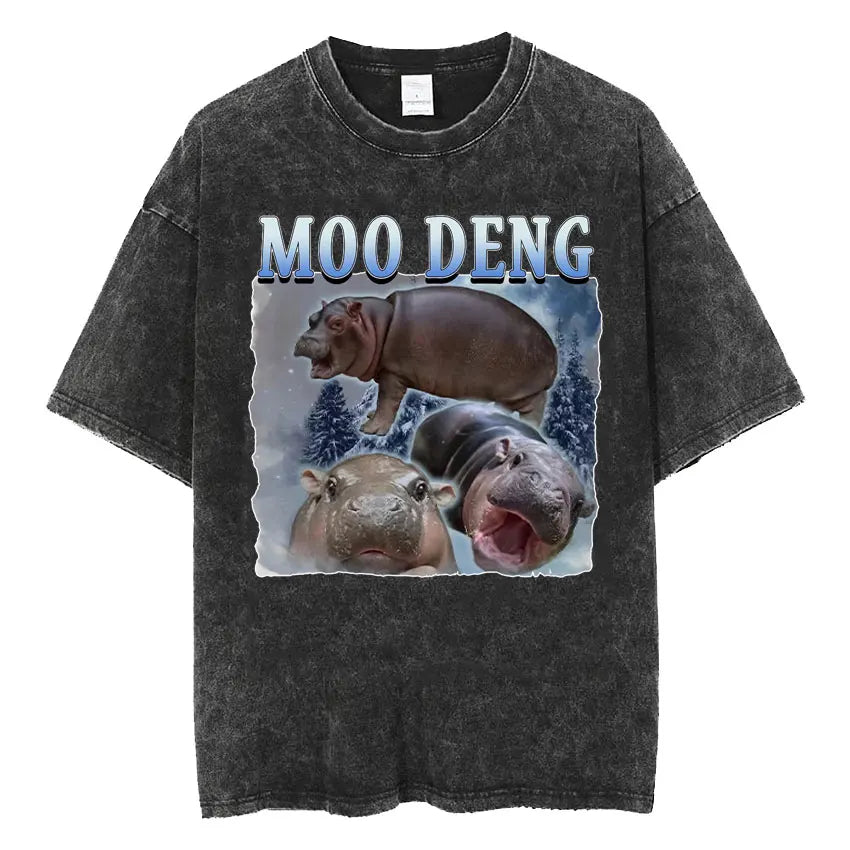 Cute Hippo Moo Deng Rap Vintage Oversized Cotton T-Shirt