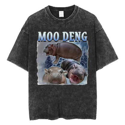 Cute Hippo Moo Deng Rap Vintage Oversized Cotton T-Shirt