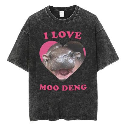 Cute Hippo Moo Deng Rap Vintage Oversized Cotton T-Shirt