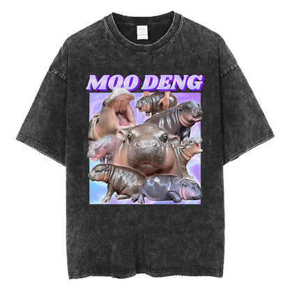 Cute Hippo Moo Deng Rap Vintage Oversized Cotton T-Shirt