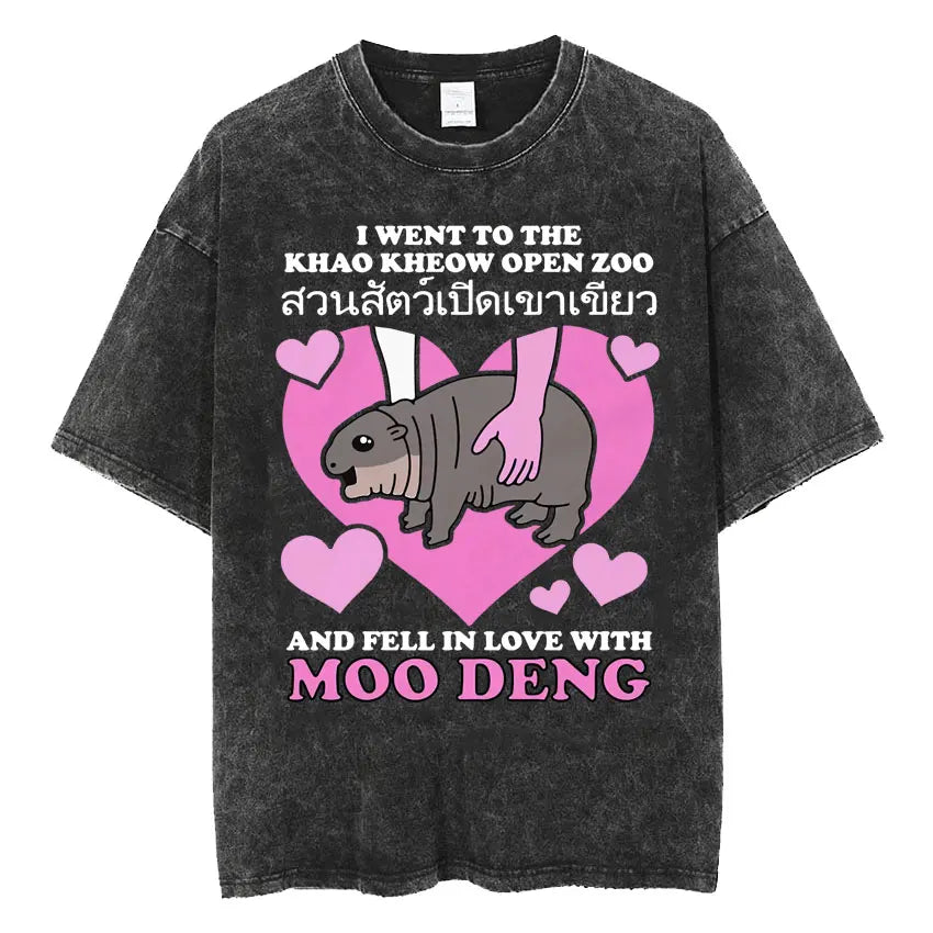 Cute Hippo Moo Deng Rap Vintage Oversized Cotton T-Shirt