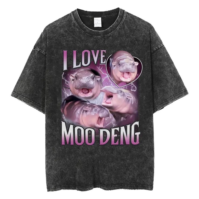 Cute Hippo Moo Deng Rap Vintage Oversized Cotton T-Shirt