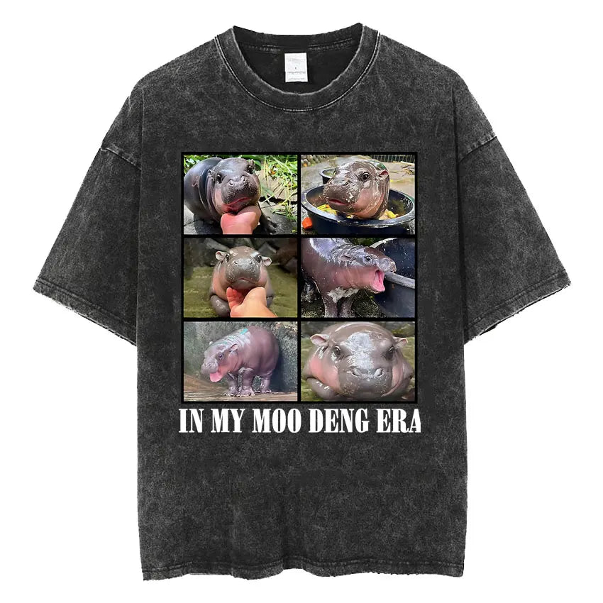 Cute Hippo Moo Deng Rap Vintage Oversized Cotton T-Shirt